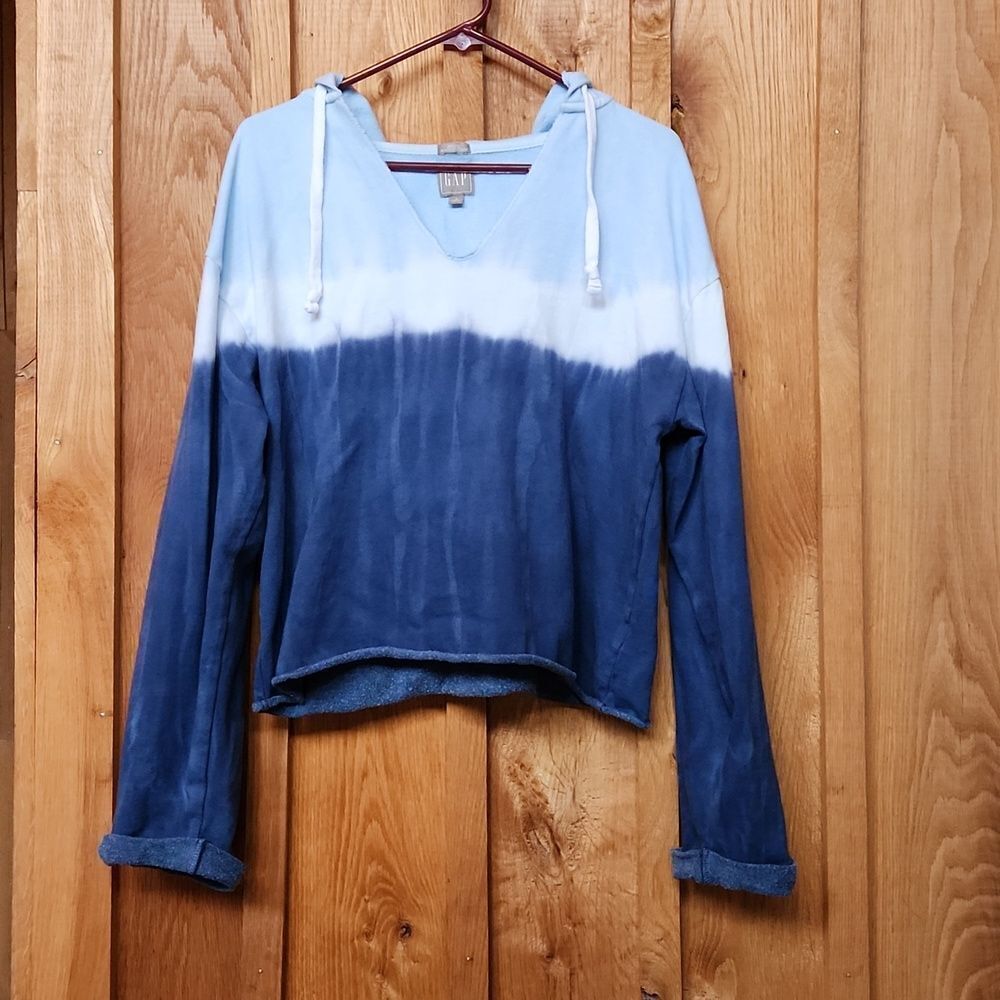 NWOT Gap Tie Dye V-Neck Cropped Oversized Hoodie, Small Tall, Blue & White